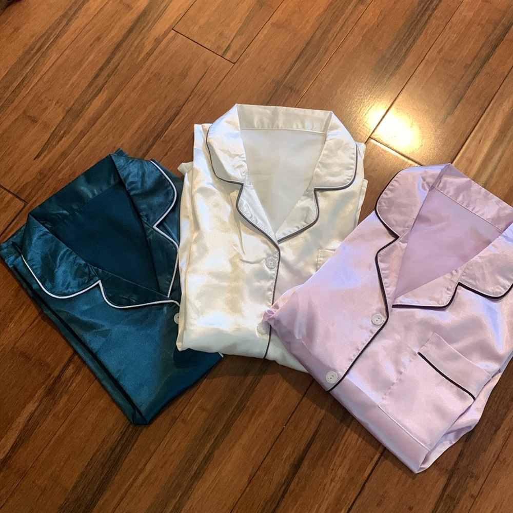 White Satin Pajama Set with Black Trim